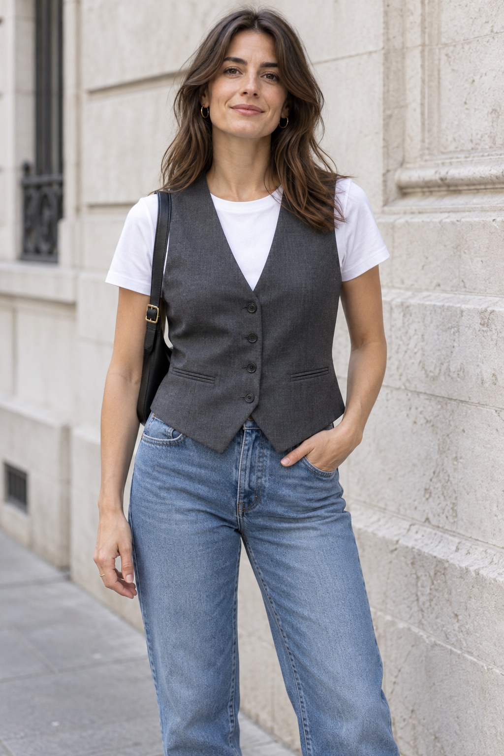 A button-front tailored waistcoat worn over a white T-shirt with jeans
