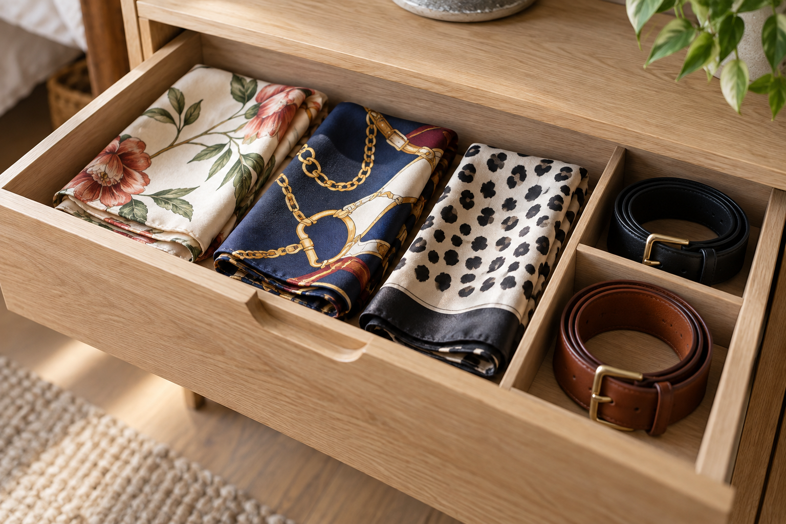 Folded scarves and rolled belts in a shallow drawer