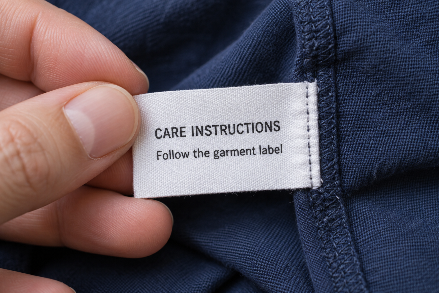 A sewn-in care label held beside the fabric seam