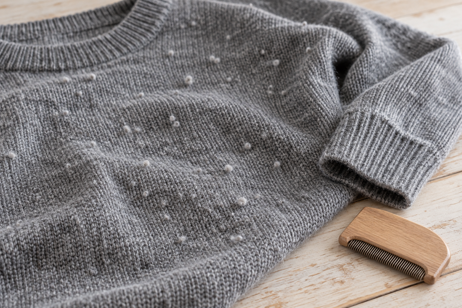 Small bobbles visible on knitwear beside a fabric comb