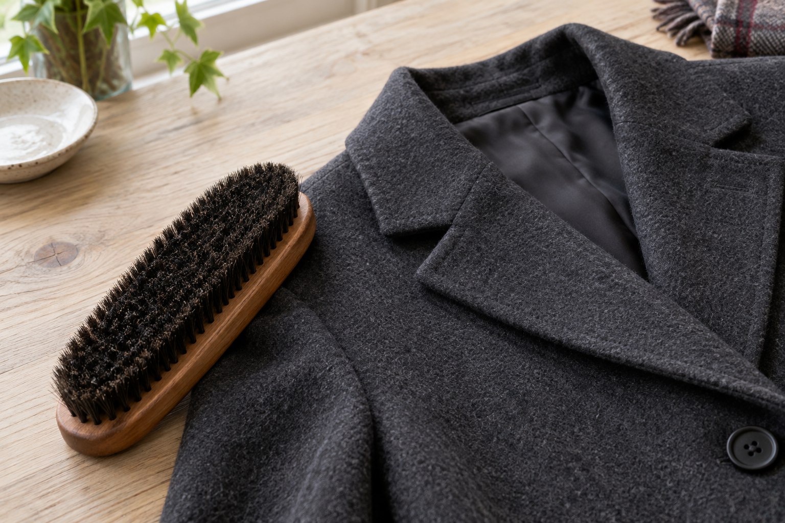 Illustrative scene of a soft clothes brush beside a charcoal wool coat