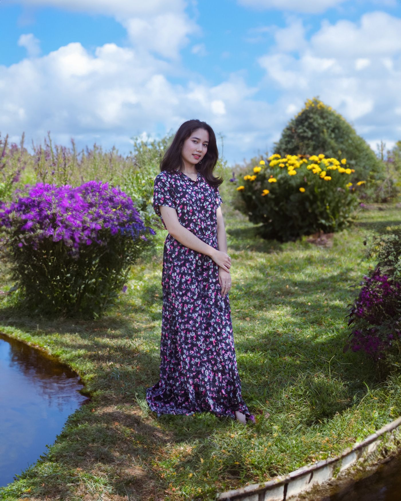 A long floral dress worn outdoors